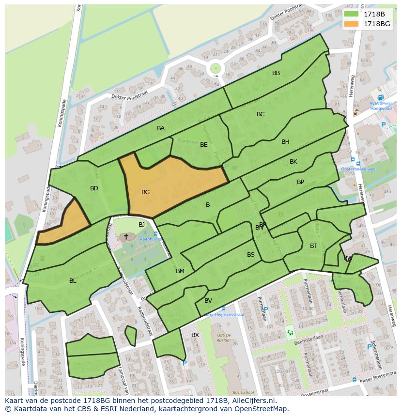 Afbeelding van het postcodegebied 1718 BG op de kaart.