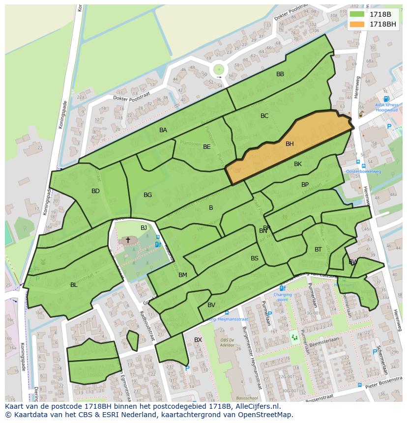 Afbeelding van het postcodegebied 1718 BH op de kaart.