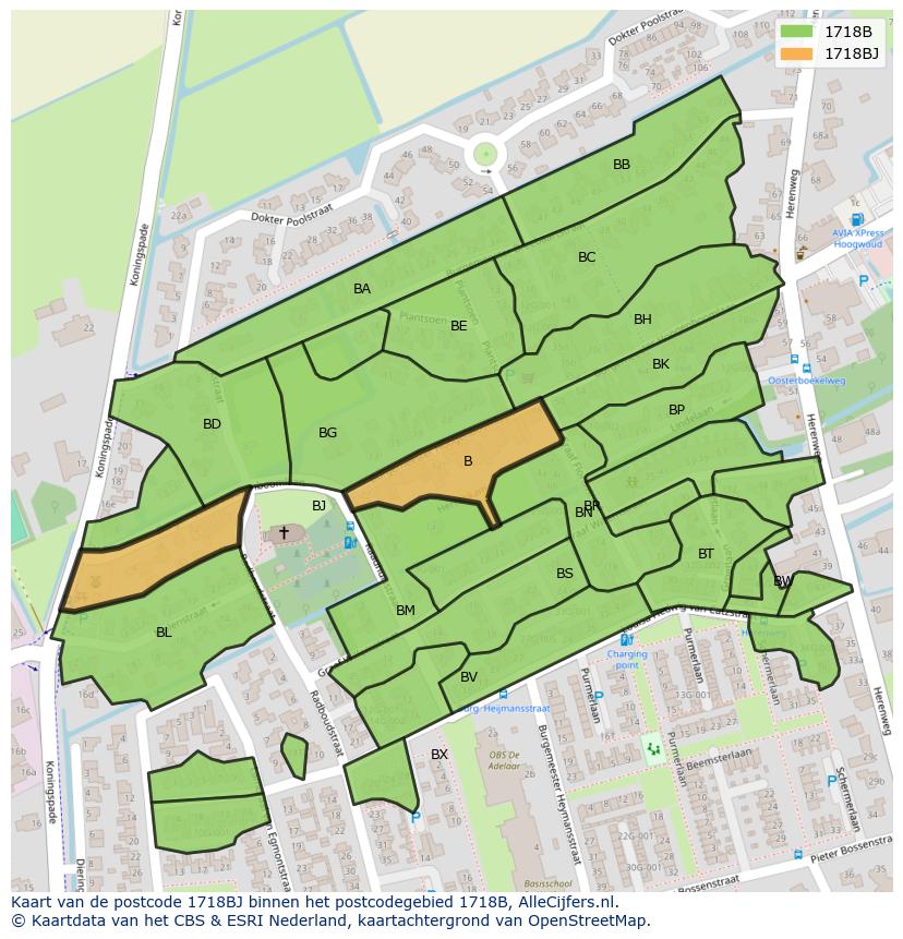 Afbeelding van het postcodegebied 1718 BJ op de kaart.