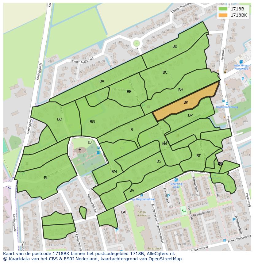 Afbeelding van het postcodegebied 1718 BK op de kaart.