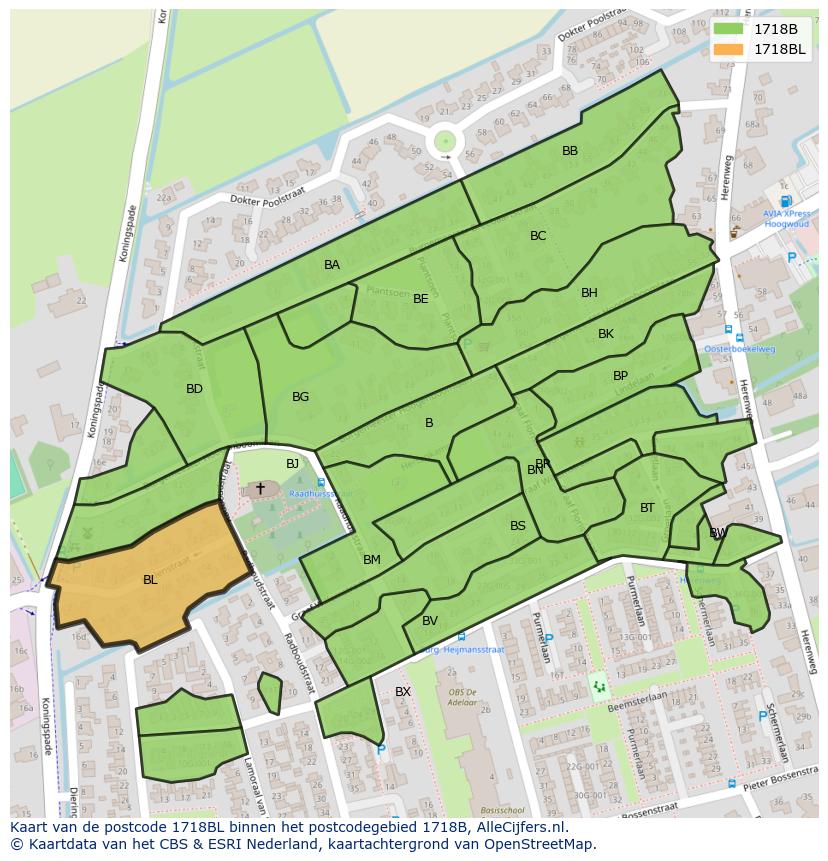 Afbeelding van het postcodegebied 1718 BL op de kaart.