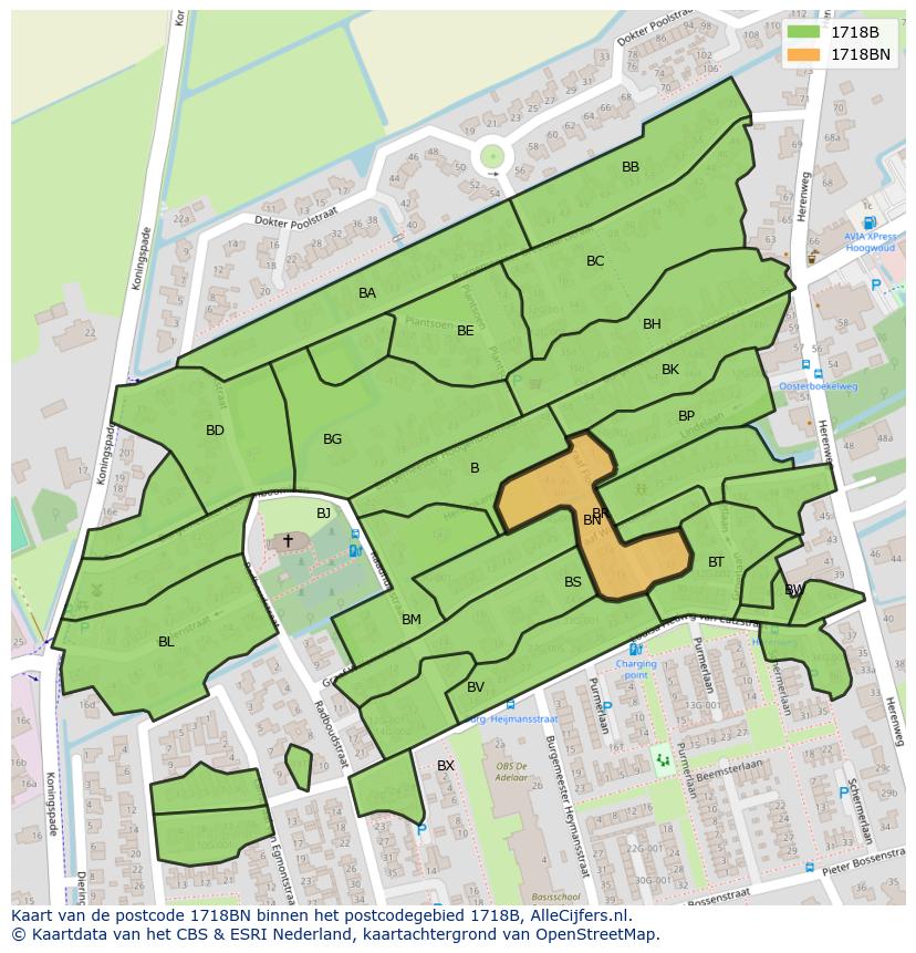 Afbeelding van het postcodegebied 1718 BN op de kaart.