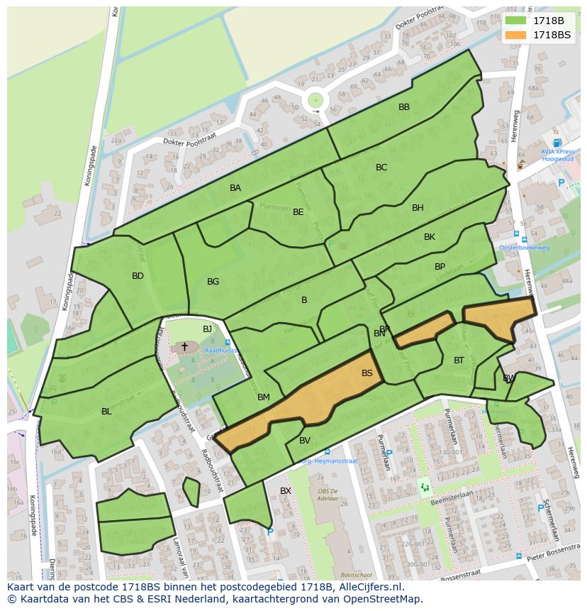Afbeelding van het postcodegebied 1718 BS op de kaart.