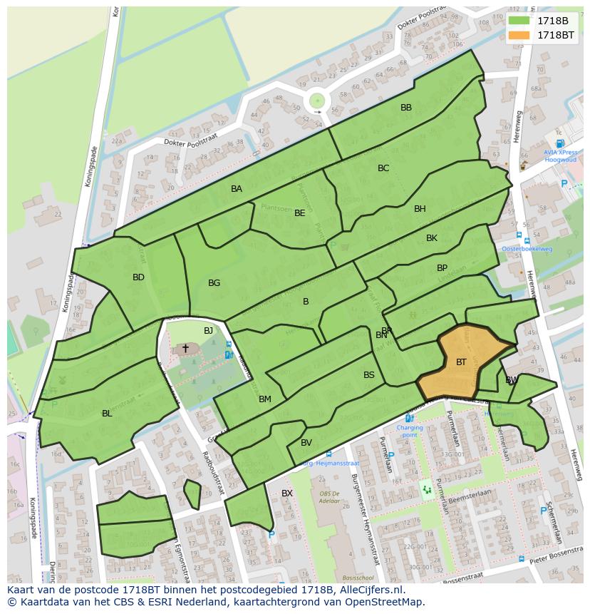 Afbeelding van het postcodegebied 1718 BT op de kaart.