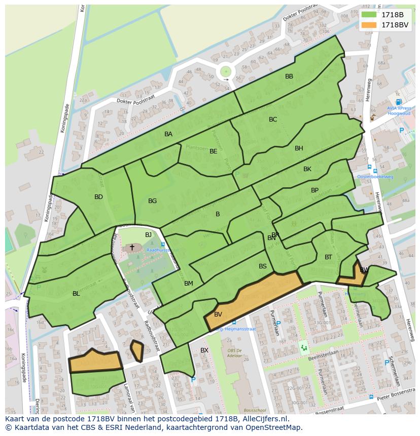 Afbeelding van het postcodegebied 1718 BV op de kaart.