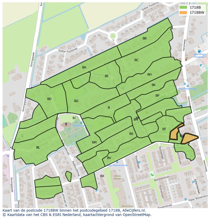 Afbeelding van het postcodegebied 1718 BW op de kaart.