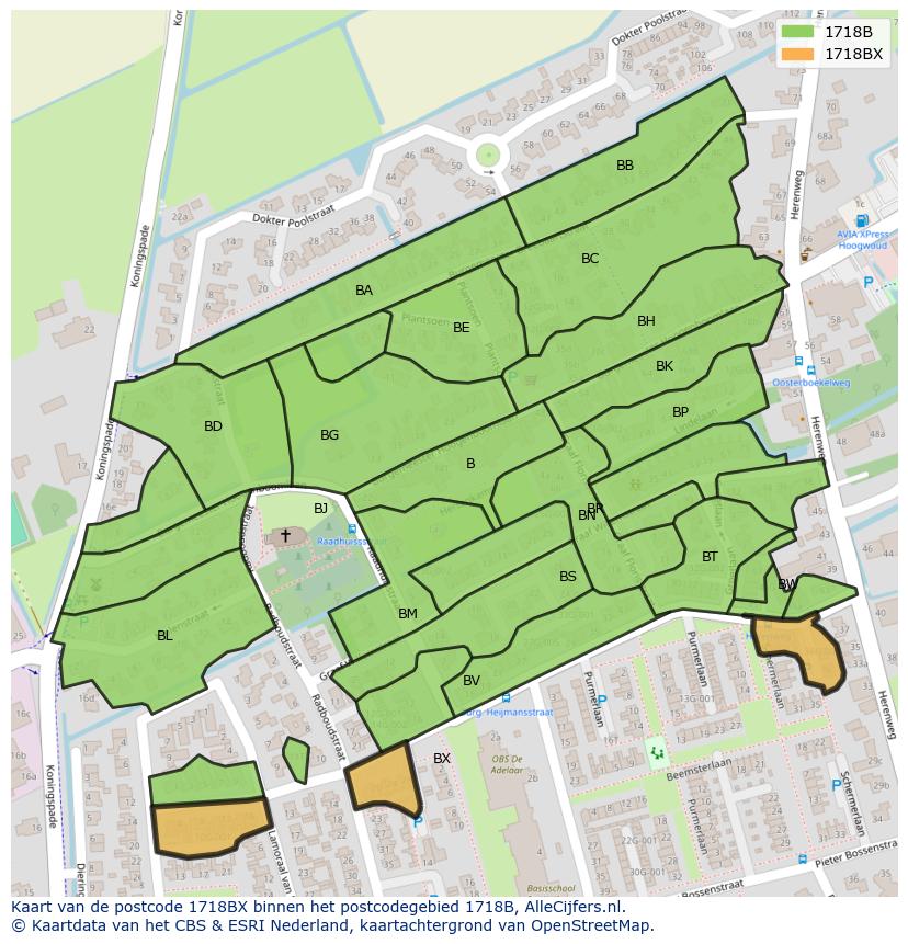 Afbeelding van het postcodegebied 1718 BX op de kaart.