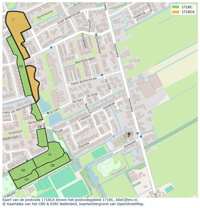 Afbeelding van het postcodegebied 1718 CA op de kaart.
