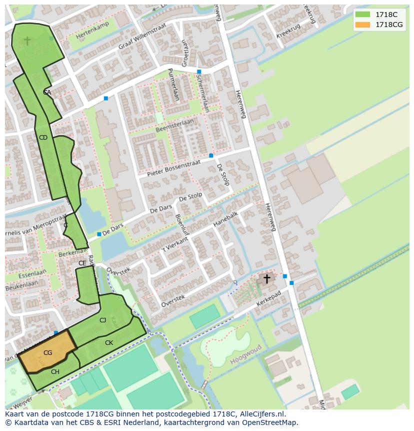 Afbeelding van het postcodegebied 1718 CG op de kaart.