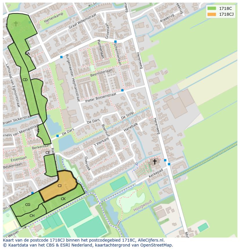 Afbeelding van het postcodegebied 1718 CJ op de kaart.