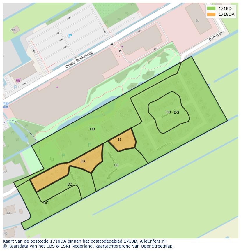 Afbeelding van het postcodegebied 1718 DA op de kaart.