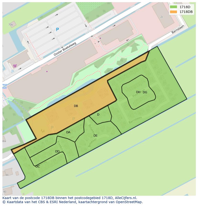 Afbeelding van het postcodegebied 1718 DB op de kaart.