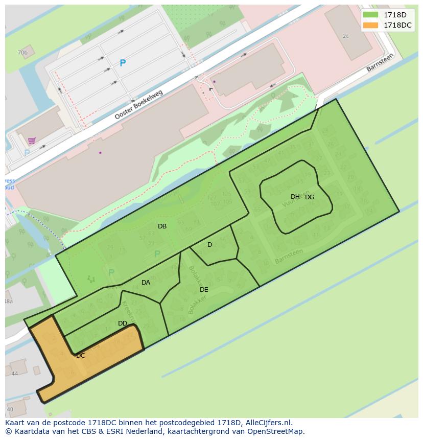Afbeelding van het postcodegebied 1718 DC op de kaart.