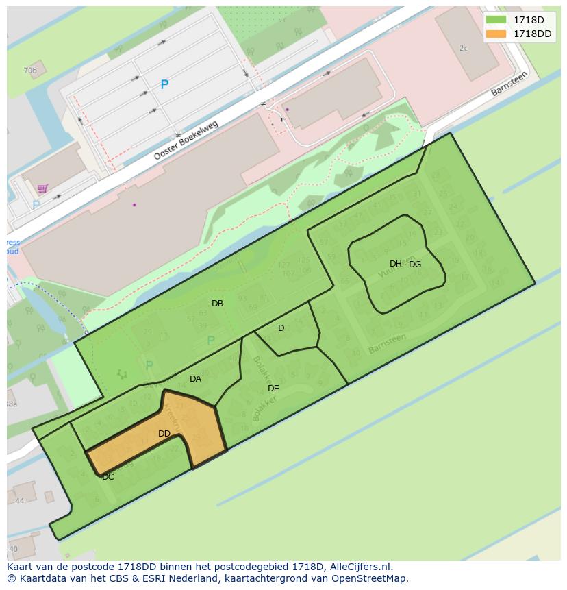 Afbeelding van het postcodegebied 1718 DD op de kaart.