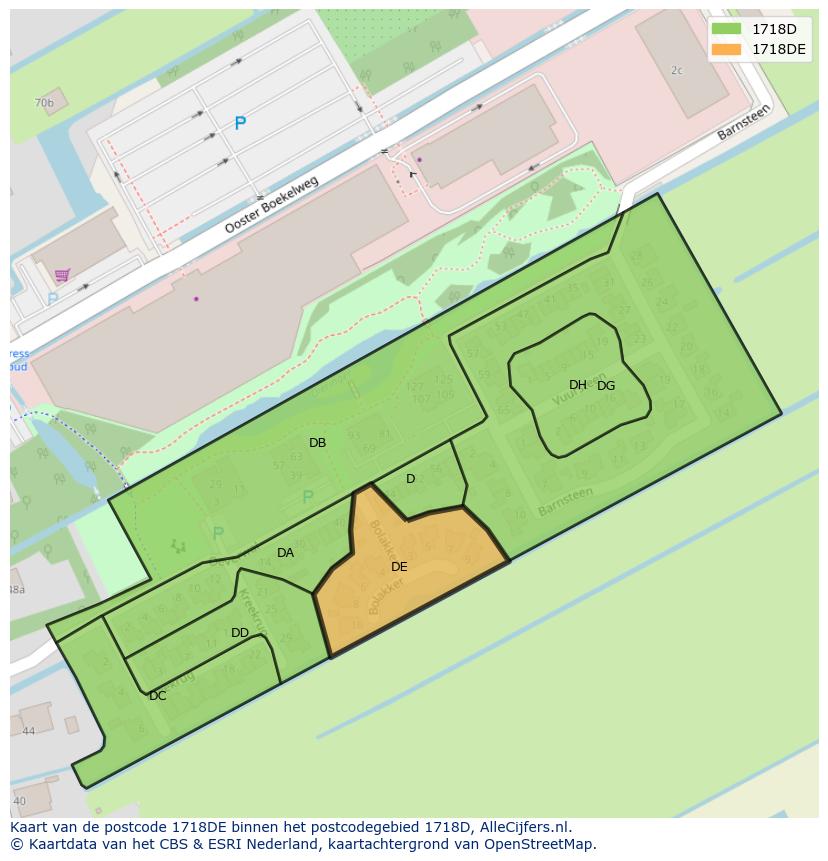 Afbeelding van het postcodegebied 1718 DE op de kaart.