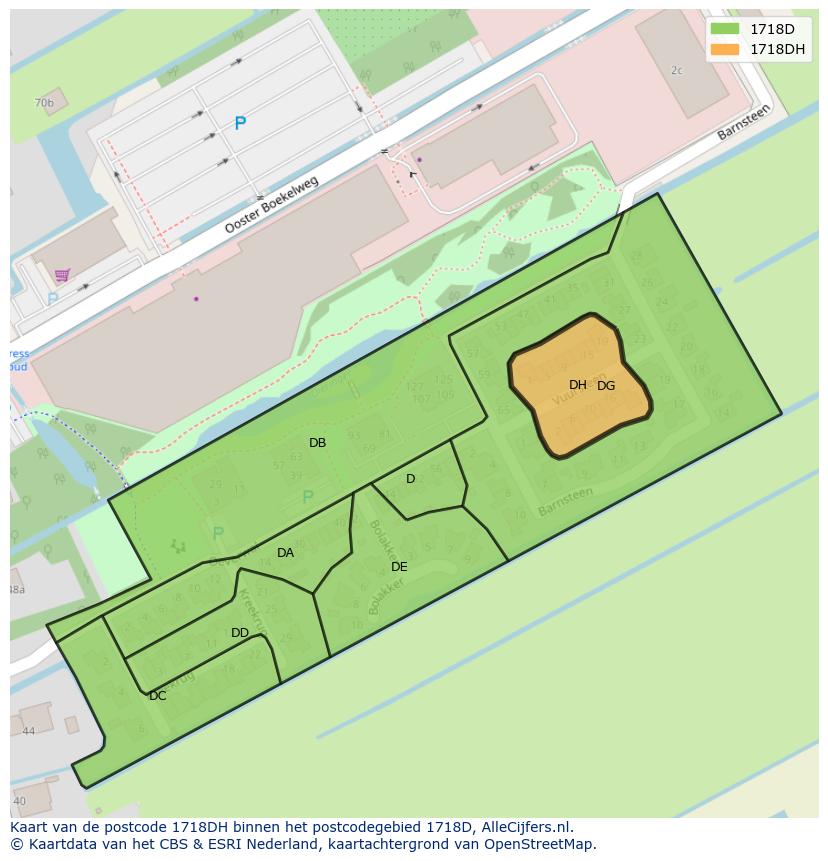 Afbeelding van het postcodegebied 1718 DH op de kaart.