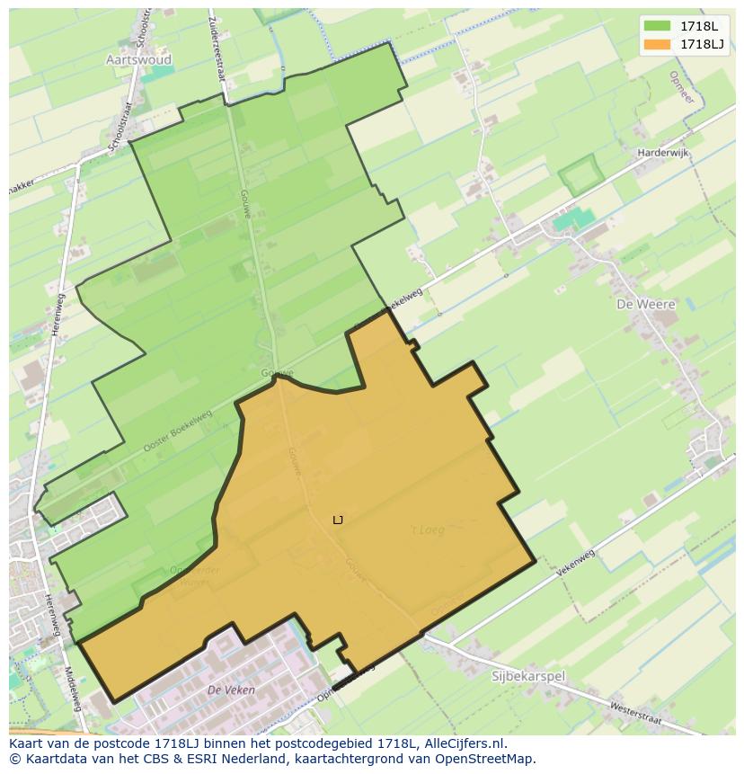 Afbeelding van het postcodegebied 1718 LJ op de kaart.