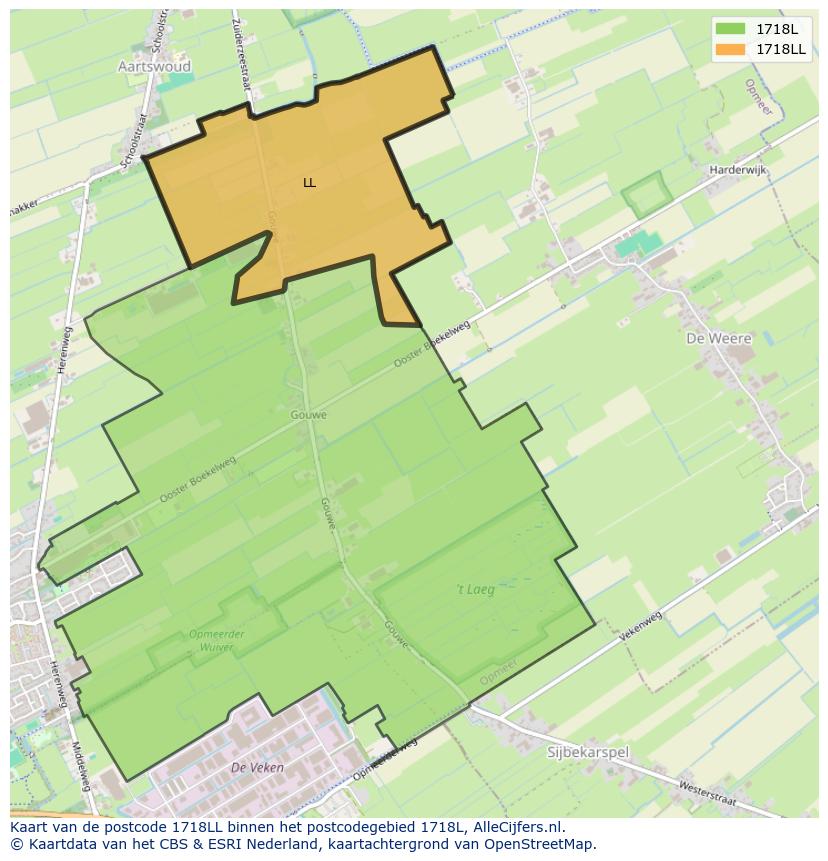Afbeelding van het postcodegebied 1718 LL op de kaart.