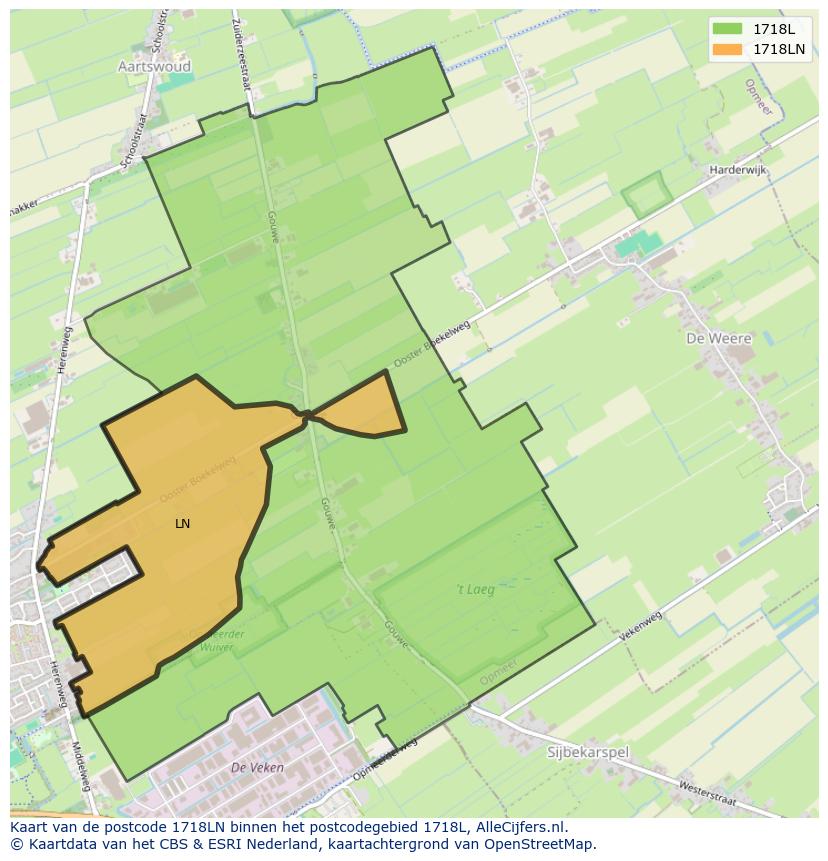 Afbeelding van het postcodegebied 1718 LN op de kaart.