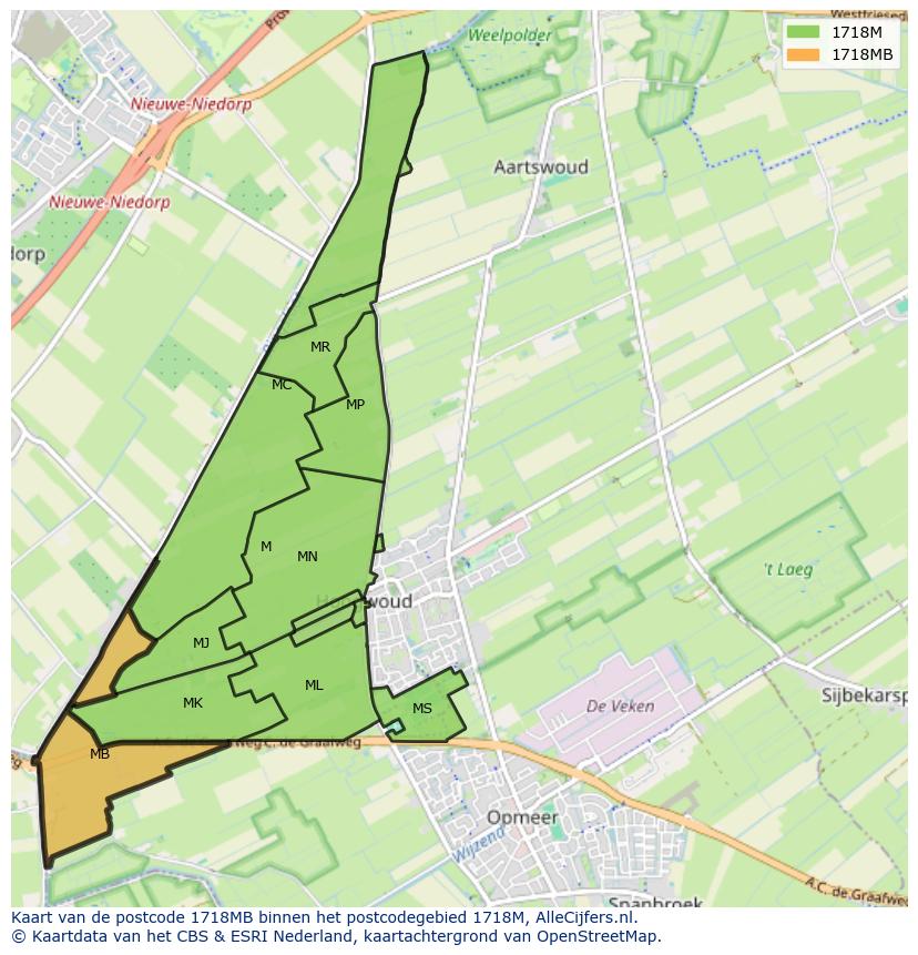 Afbeelding van het postcodegebied 1718 MB op de kaart.