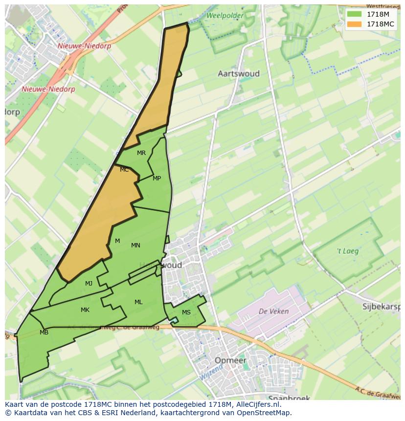 Afbeelding van het postcodegebied 1718 MC op de kaart.
