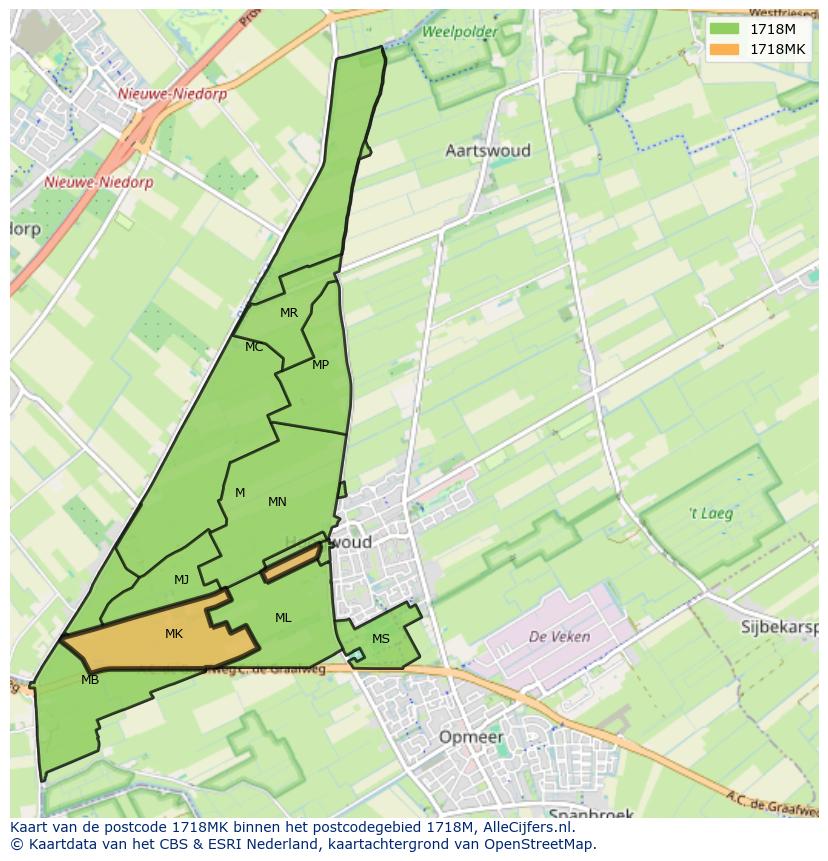 Afbeelding van het postcodegebied 1718 MK op de kaart.