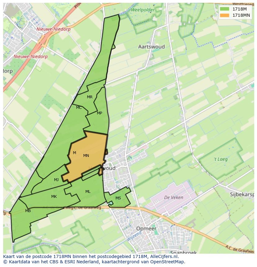 Afbeelding van het postcodegebied 1718 MN op de kaart.