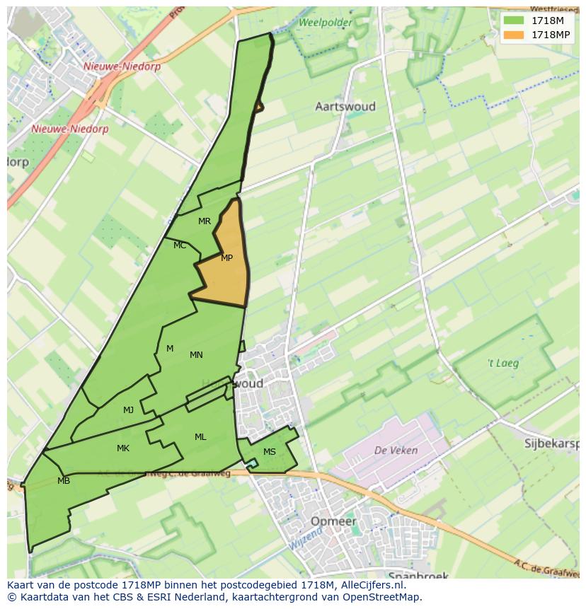 Afbeelding van het postcodegebied 1718 MP op de kaart.