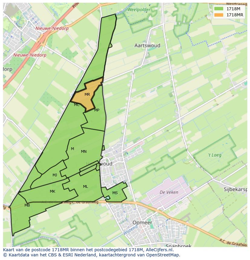 Afbeelding van het postcodegebied 1718 MR op de kaart.