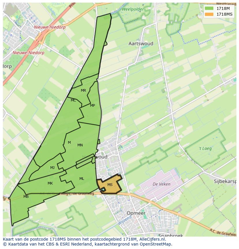 Afbeelding van het postcodegebied 1718 MS op de kaart.