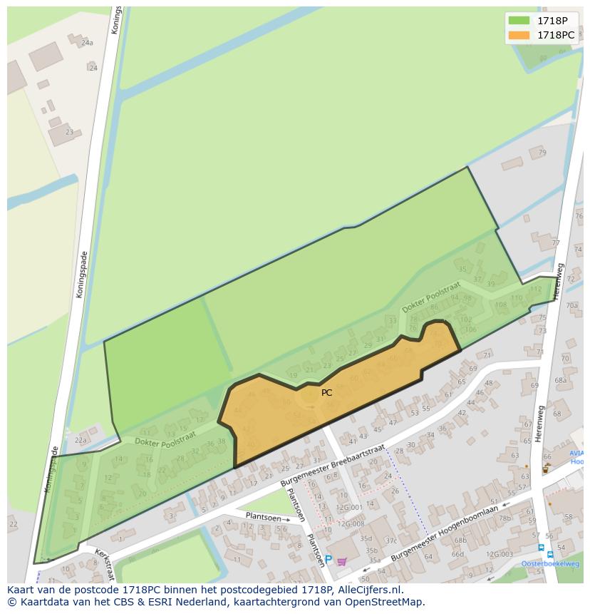 Afbeelding van het postcodegebied 1718 PC op de kaart.