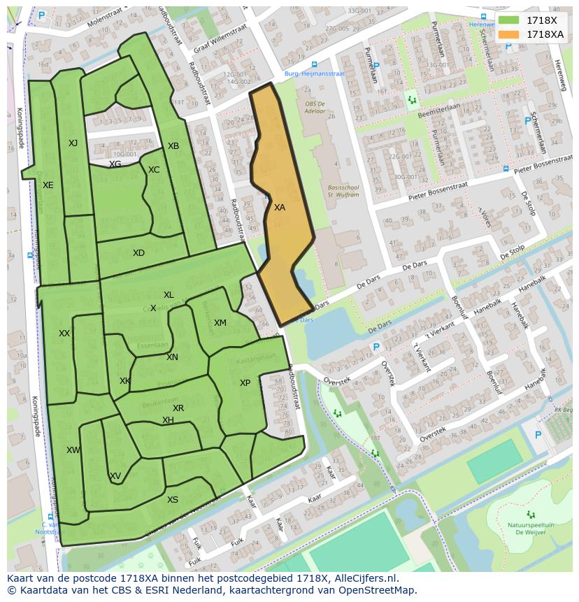 Afbeelding van het postcodegebied 1718 XA op de kaart.