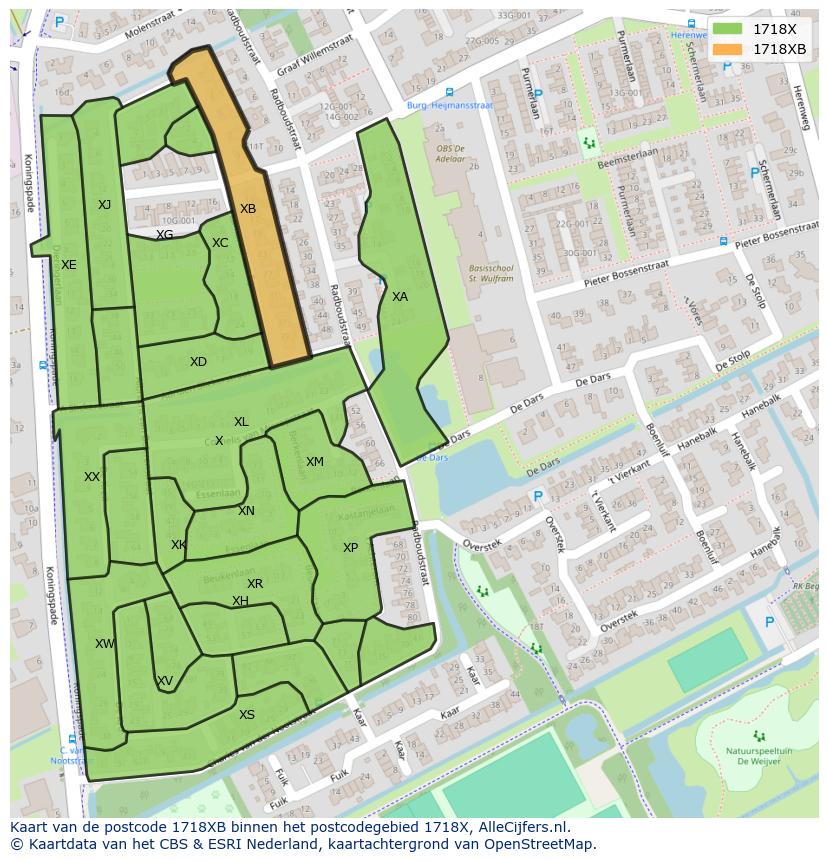Afbeelding van het postcodegebied 1718 XB op de kaart.