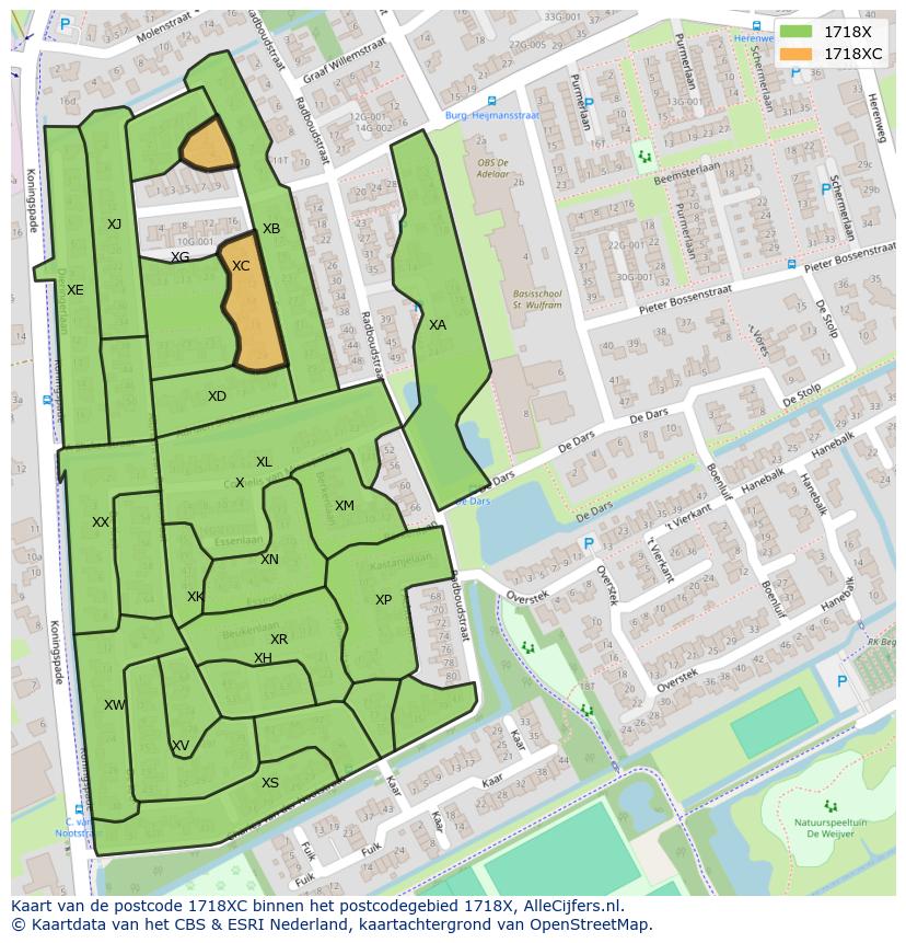 Afbeelding van het postcodegebied 1718 XC op de kaart.