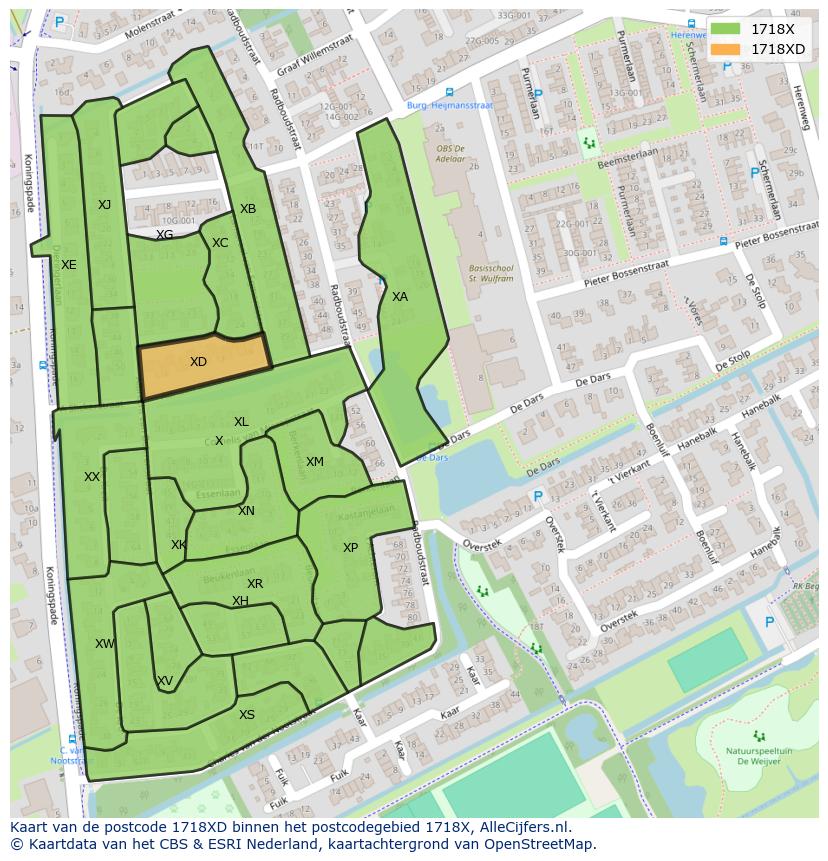 Afbeelding van het postcodegebied 1718 XD op de kaart.