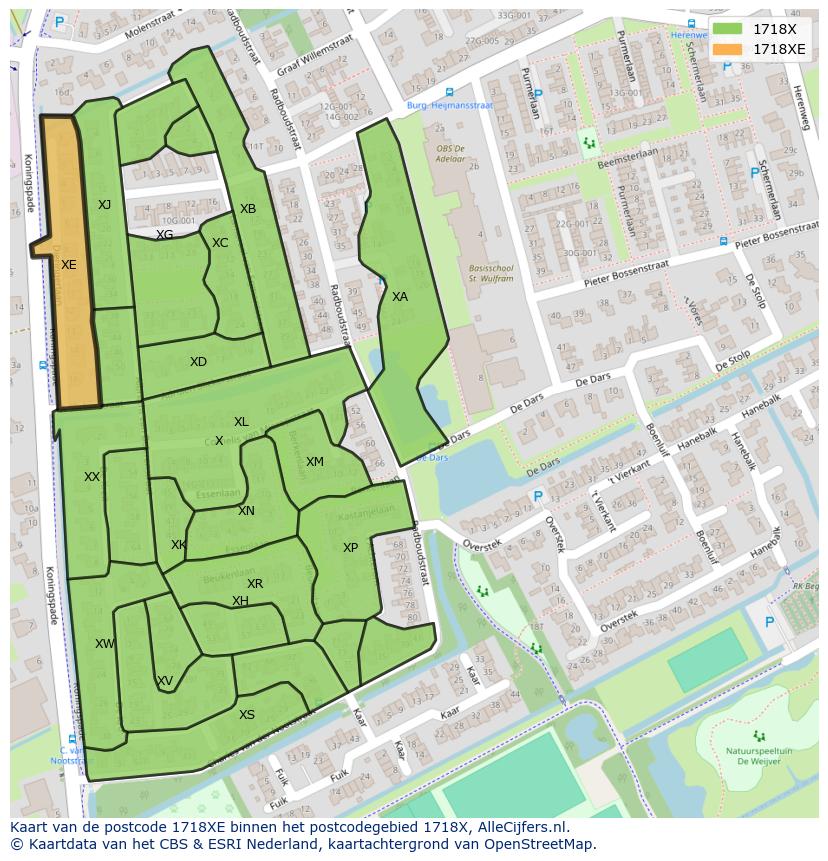Afbeelding van het postcodegebied 1718 XE op de kaart.
