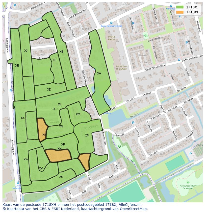 Afbeelding van het postcodegebied 1718 XH op de kaart.