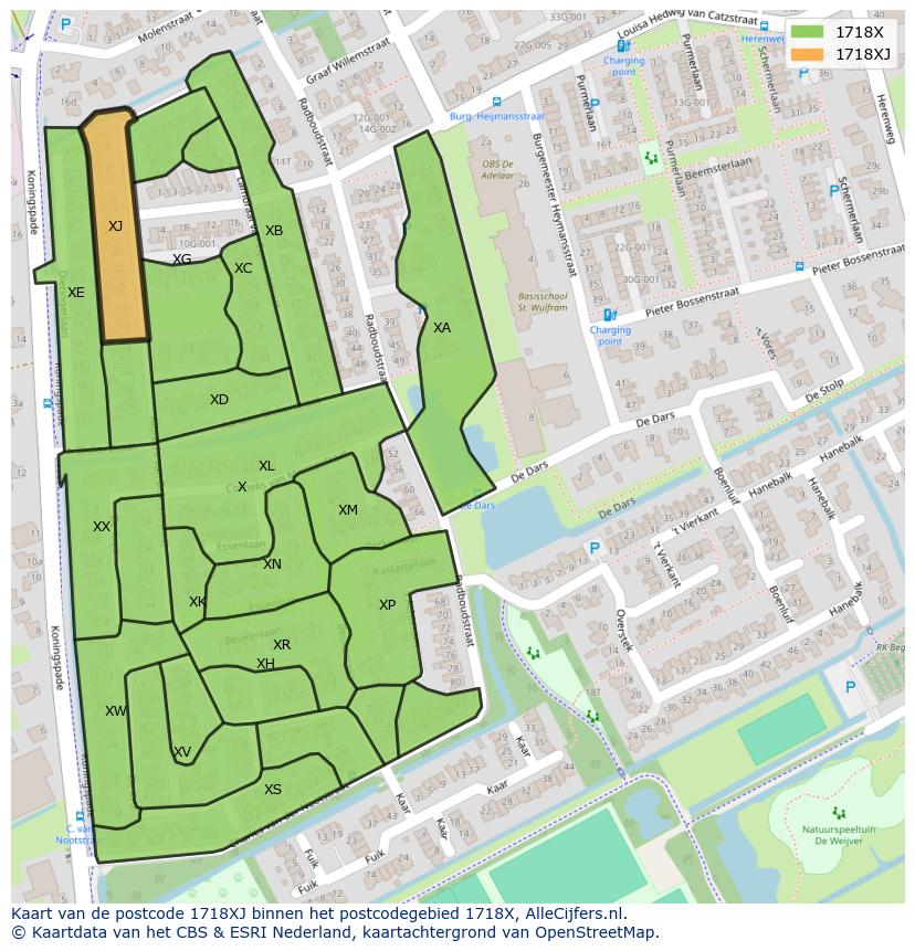 Afbeelding van het postcodegebied 1718 XJ op de kaart.