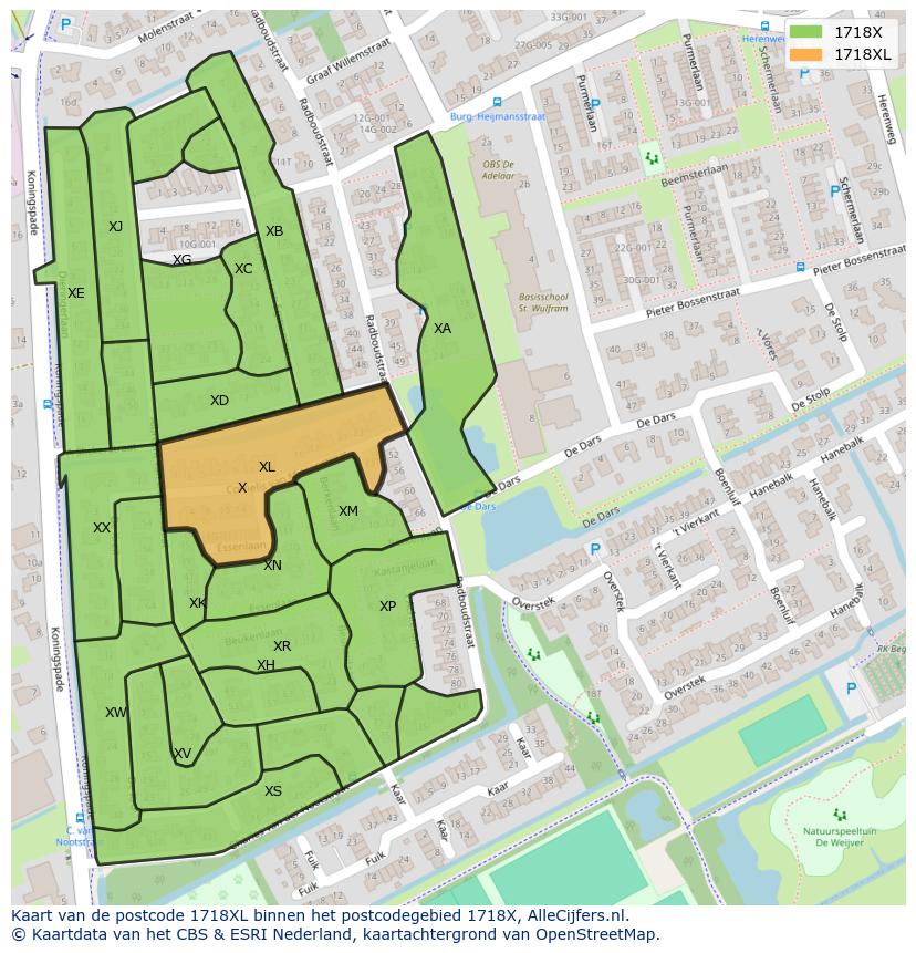 Afbeelding van het postcodegebied 1718 XL op de kaart.