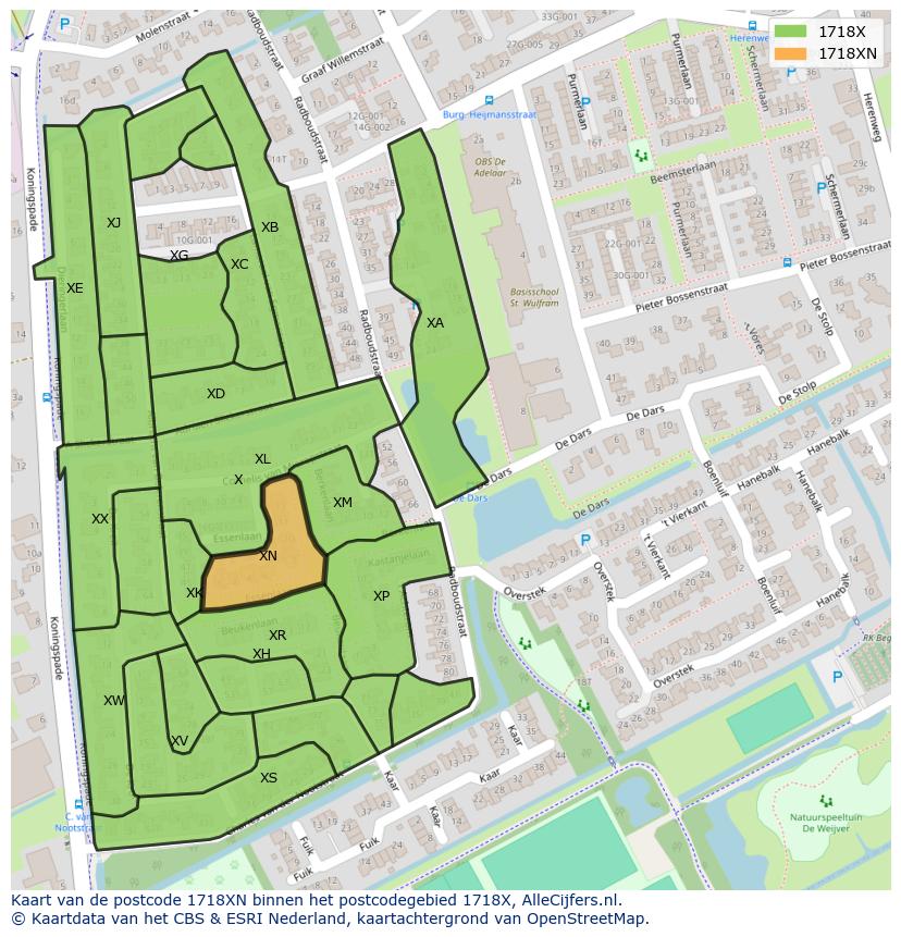 Afbeelding van het postcodegebied 1718 XN op de kaart.