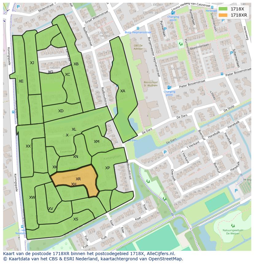Afbeelding van het postcodegebied 1718 XR op de kaart.