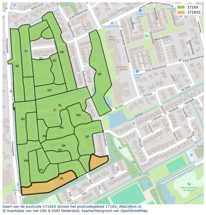 Afbeelding van het postcodegebied 1718 XS op de kaart.