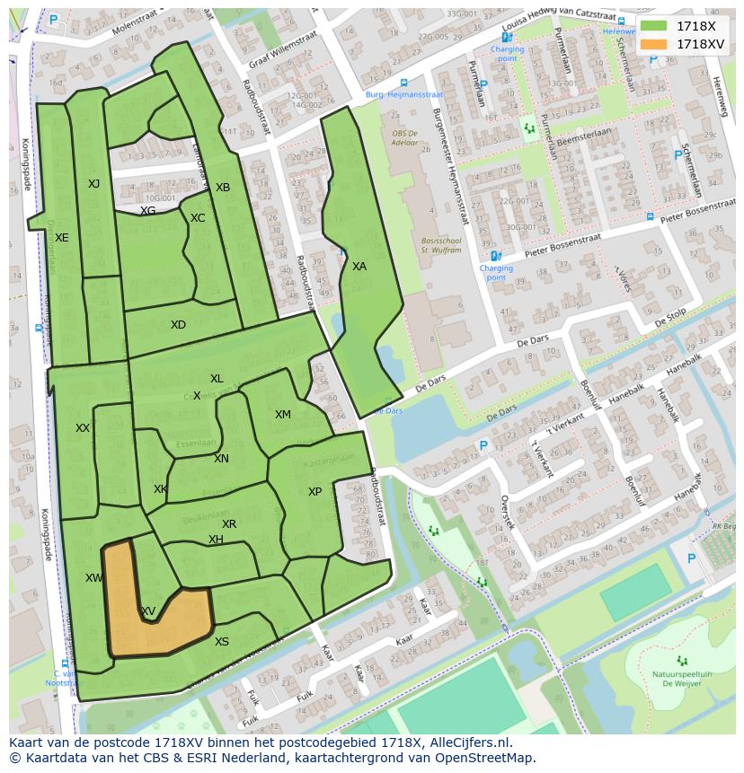 Afbeelding van het postcodegebied 1718 XV op de kaart.