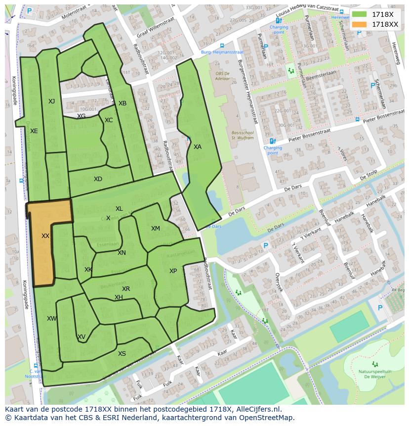 Afbeelding van het postcodegebied 1718 XX op de kaart.