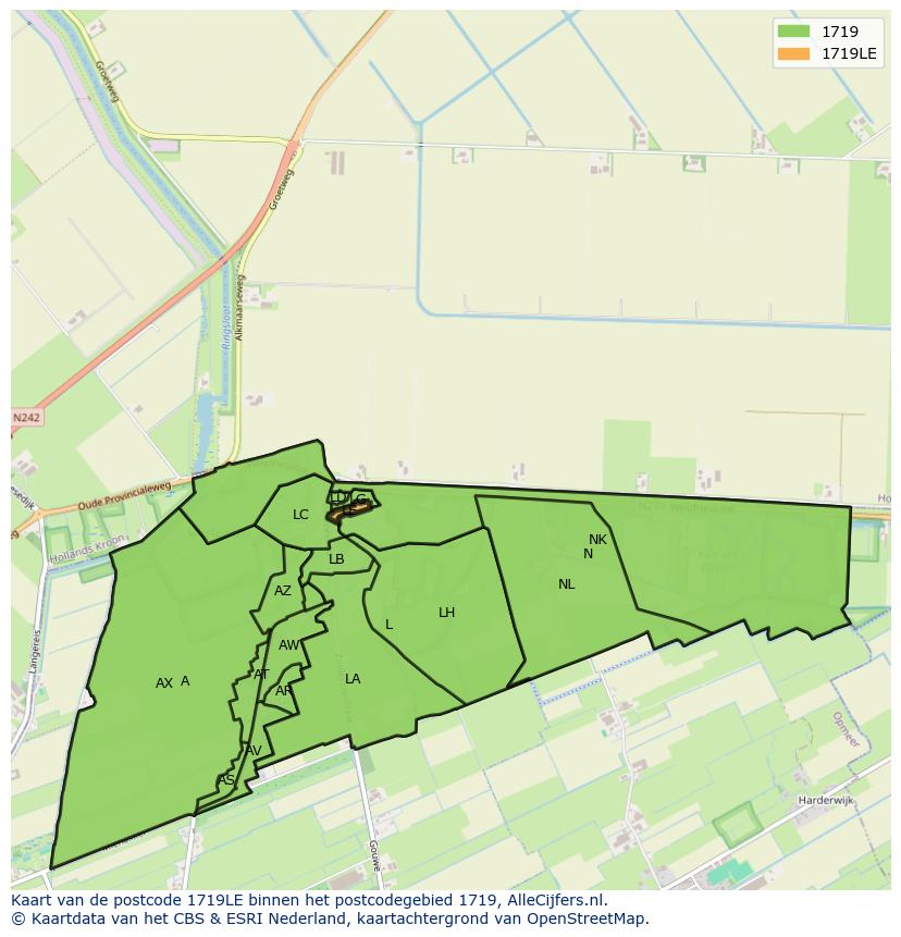 Afbeelding van het postcodegebied 1719 LE op de kaart.