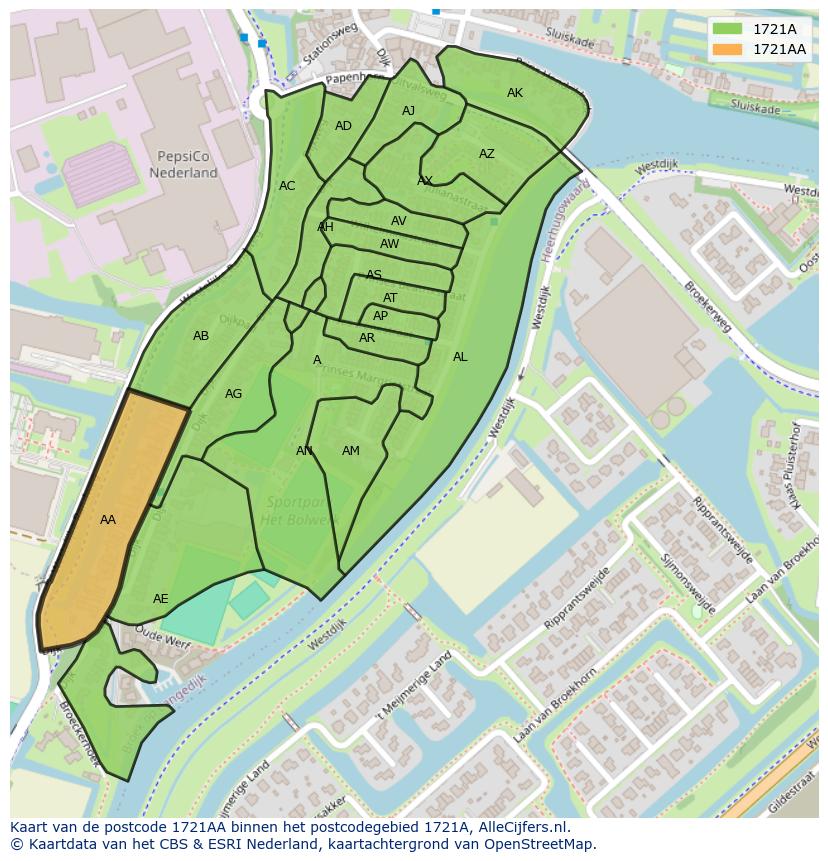 Afbeelding van het postcodegebied 1721 AA op de kaart.