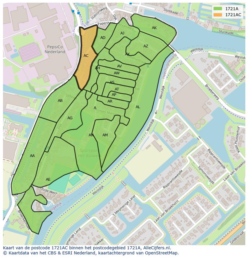 Afbeelding van het postcodegebied 1721 AC op de kaart.