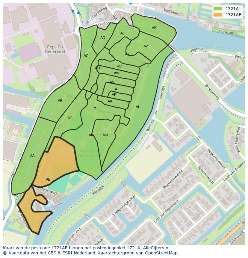 Afbeelding van het postcodegebied 1721 AE op de kaart.