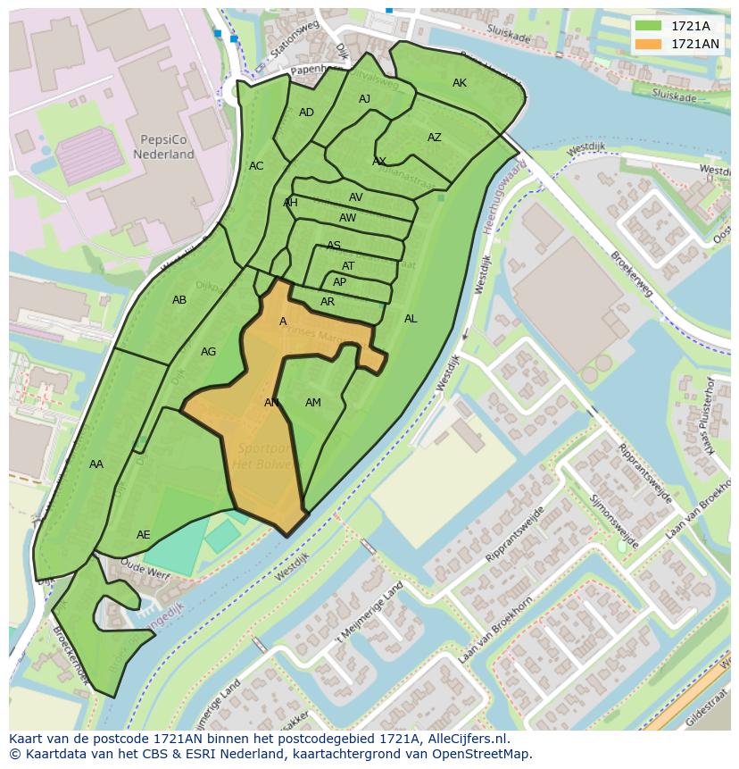 Afbeelding van het postcodegebied 1721 AN op de kaart.