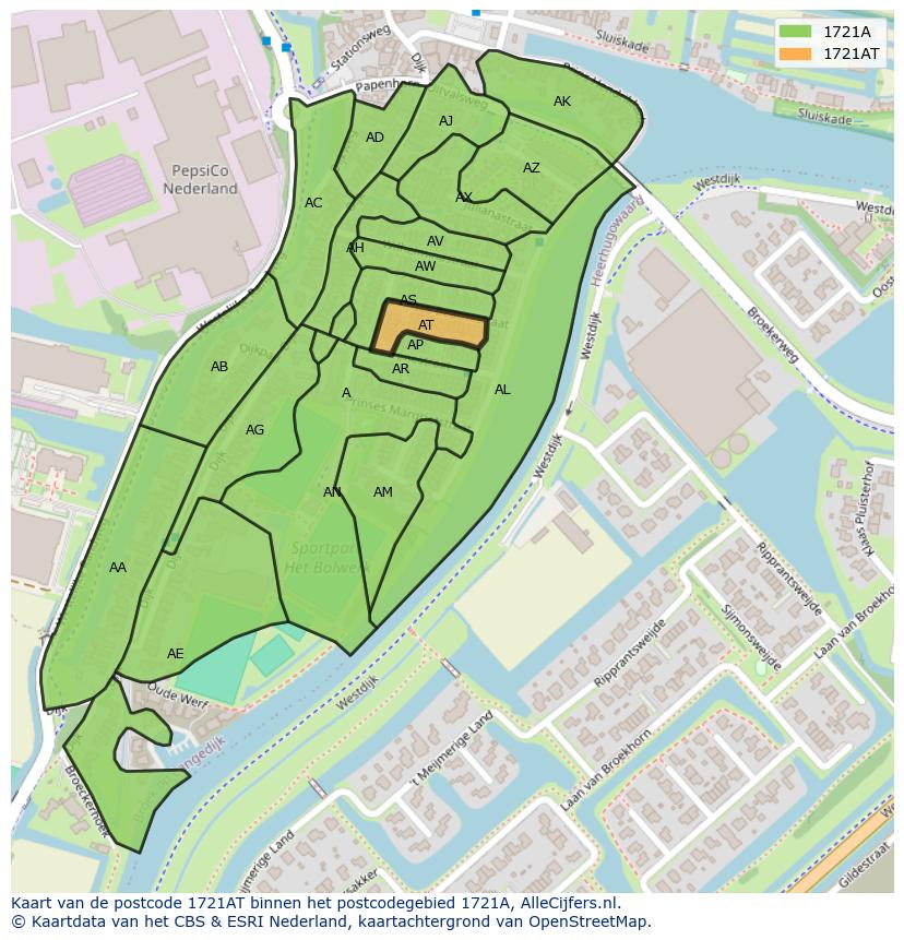 Afbeelding van het postcodegebied 1721 AT op de kaart.